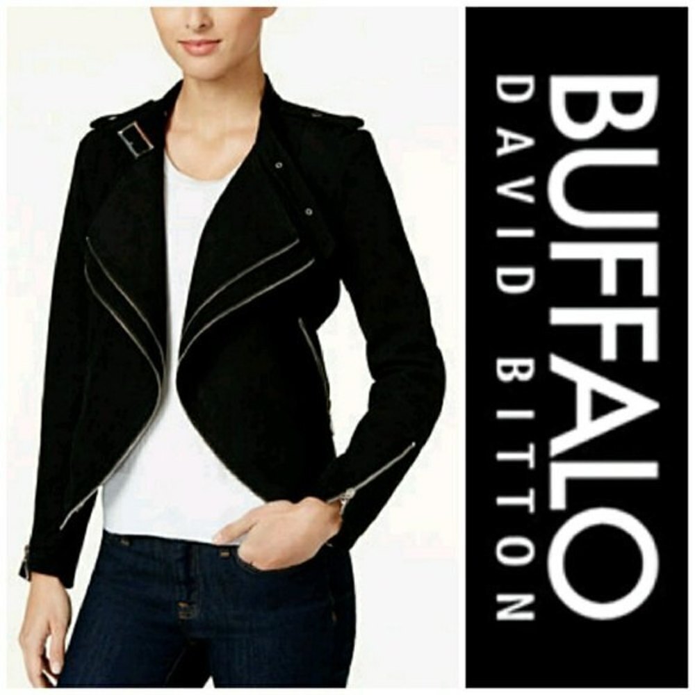 Buffalo David Bitton Black Faux Suede Leather Biker Moto Zipper Jacket Sz Medium